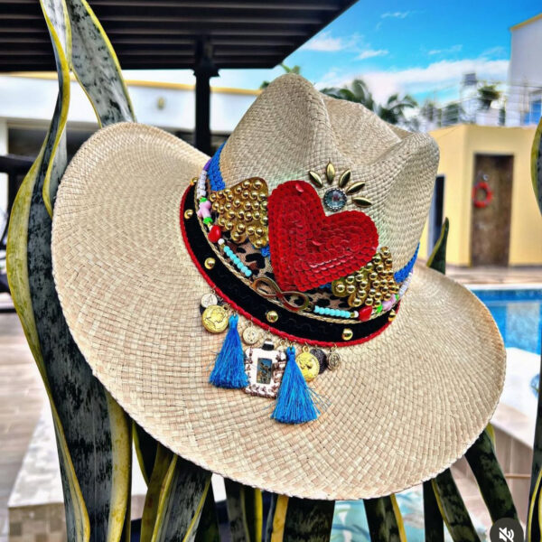 decorated hat, hats decorated in Colombia, personalized hats made from iraca palm, handmade hats with embroidery, test1234, Amour Indiana Decorated Hat Natural Color