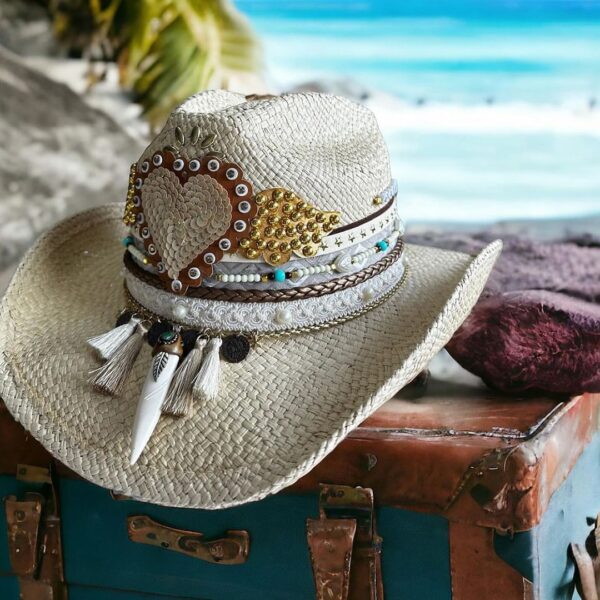 decorated hat, hats decorated in Colombia, personalized hats made from iraca palm, handmade hats with embroidery, test1234, Amar Cowboy Hat In Natural Color