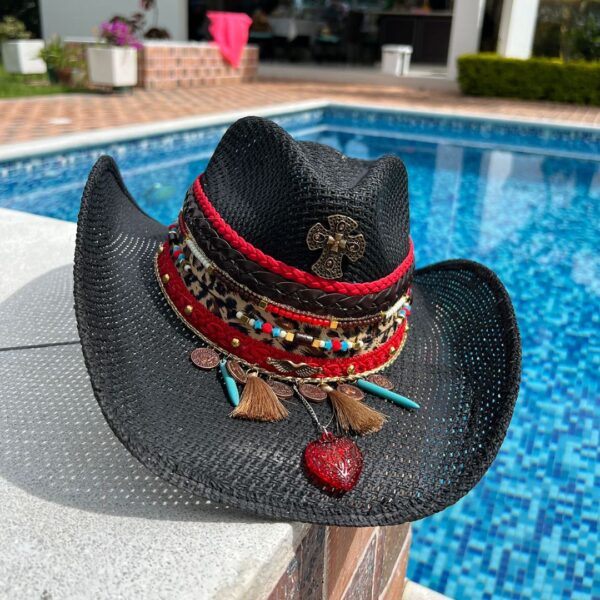 decorated hat, hats decorated in Colombia, personalized hats made from iraca palm, handmade hats with embroidery, test1234, Black Iraca Cowboy Hat