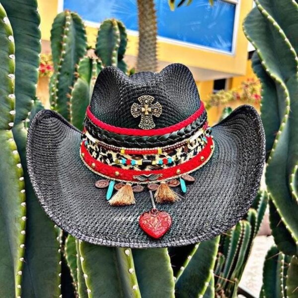 decorated hat, hats decorated in Colombia, personalized hats made from iraca palm, handmade hats with embroidery, test1234, Black Iraca Cowboy Hat