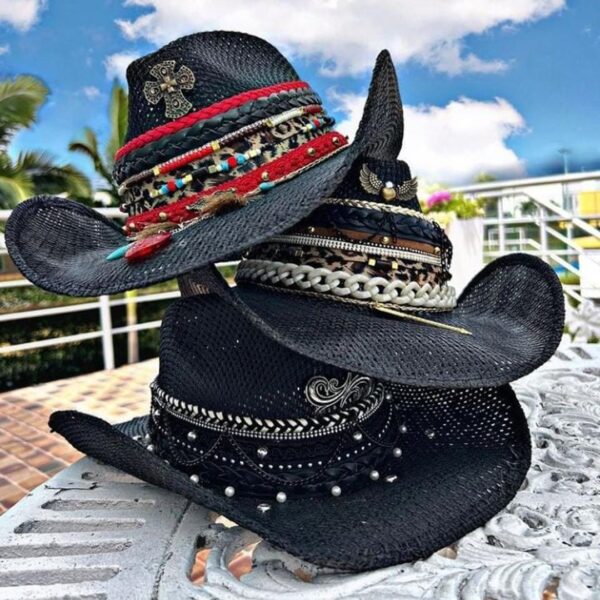 decorated hat, hats decorated in Colombia, personalized hats made from iraca palm, handmade hats with embroidery, test1234, Black Iraca Cowboy Hat