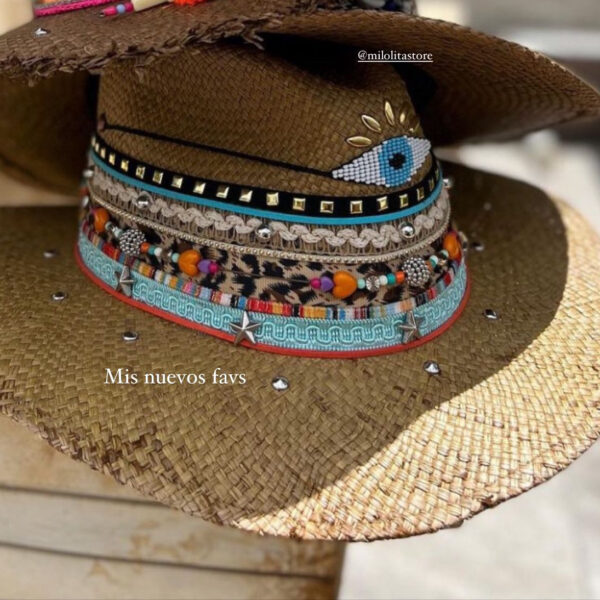 decorated hat, hats decorated in Colombia, personalized hats made from iraca palm, handmade hats with embroidery, test1234, Brown Indiana Hat With Lucky Eye