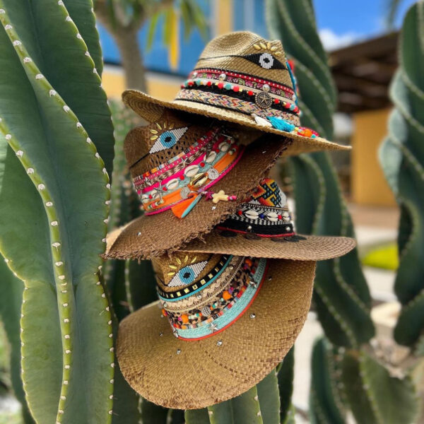 decorated hat, hats decorated in Colombia, personalized hats made from iraca palm, handmade hats with embroidery, test1234, Brown Indiana Hat With Lucky Eye