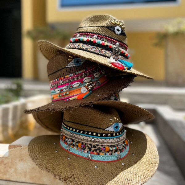 decorated hat, hats decorated in Colombia, personalized hats made from iraca palm, handmade hats with embroidery, test1234, Brown Indiana Hat With Lucky Eye