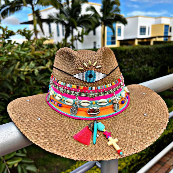 decorated hat, hats decorated in Colombia, personalized hats made from iraca palm, handmade hats with embroidery, test1234, Brown Indiana Hat With Lucky Eye Rosse