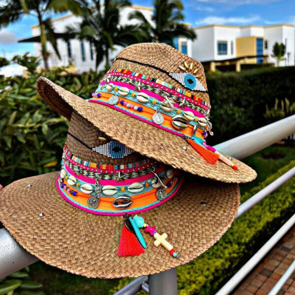 decorated hat, hats decorated in Colombia, personalized hats made from iraca palm, handmade hats with embroidery, test1234, Brown Indiana Hat With Lucky Eye Rosse