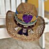 decorated hat, hats decorated in Colombia, personalized hats made from iraca palm, handmade hats with embroidery, test12345, Brown Openwork Hat Grape Heart