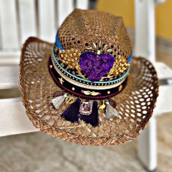 Brown Openwork Hat Grape Heart decorated hat, hats decorated in Colombia, personalized hats made from iraca palm, handmade hats with embroidery, test1234, Brown Openwork Hat Grape Heart