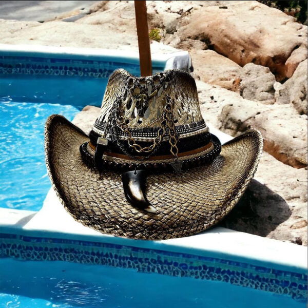 decorated hat, hats decorated in Colombia, personalized hats made from iraca palm, handmade hats with embroidery, test1234, Brown Openwork Texan Cowboy Hat