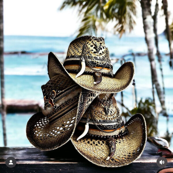 decorated hat, hats decorated in Colombia, personalized hats made from iraca palm, handmade hats with embroidery, test1234, Brown Openwork Texan Cowboy Hat