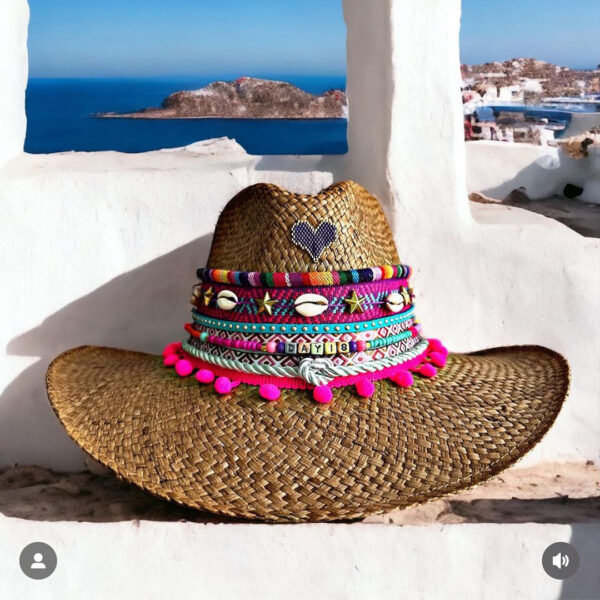 decorated hat, hats decorated in Colombia, personalized hats made from iraca palm, handmade hats with embroidery, test1234, Brown Vintage Indiana Hat With Pompoms