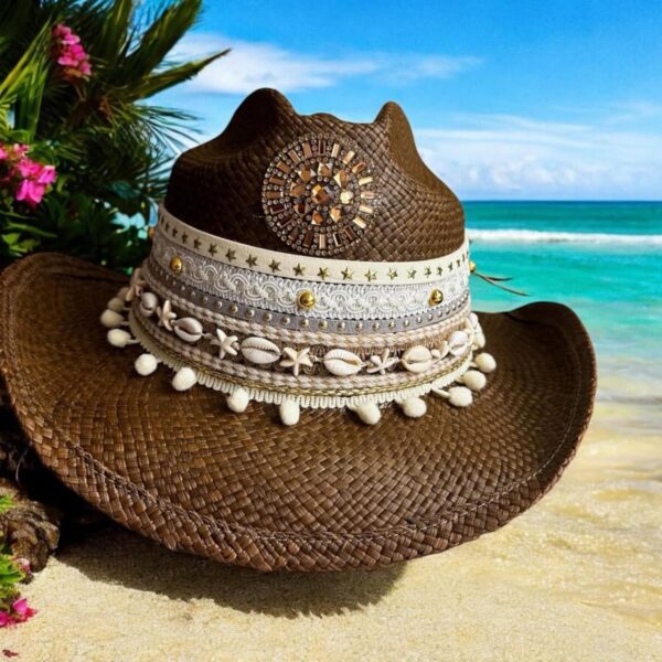 decorated hat, hats decorated in Colombia, personalized hats made from iraca palm, handmade hats with embroidery, test1234, Dark Brown Gypsy Cowboy Hat With Pompon