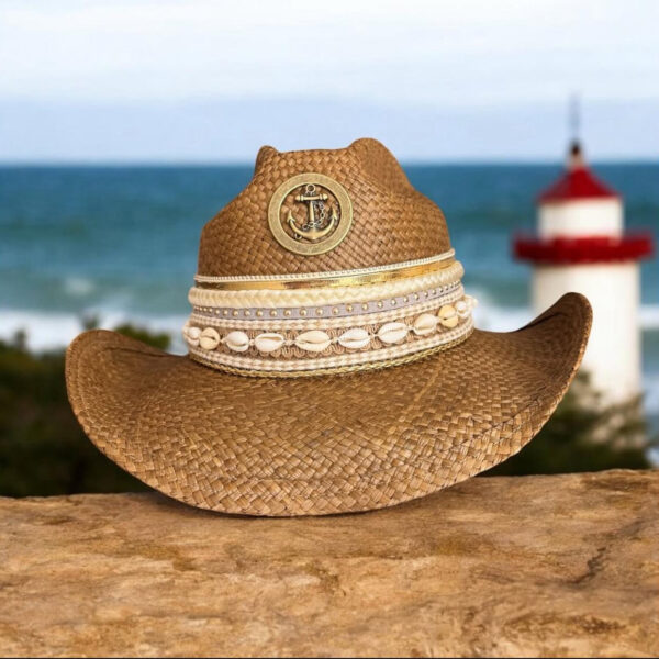 decorated hat, hats decorated in Colombia, personalized hats made from iraca palm, handmade hats with embroidery, test1234, Anchor Decorated Brown Cowboy Hat