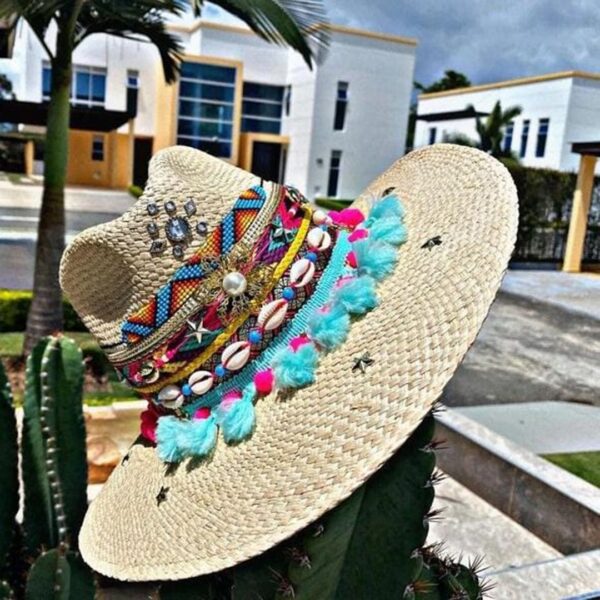 decorated hat, hats decorated in Colombia, personalized hats made from iraca palm, handmade hats with embroidery, test1234, Decorated Indiana Hat For Women