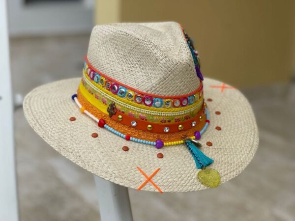 decorated hat, hats decorated in Colombia, personalized hats made from iraca palm, handmade hats with embroidery, test1234, Decorated Indiana Hat For Women