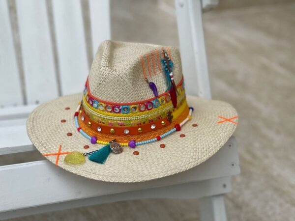 decorated hat, hats decorated in Colombia, personalized hats made from iraca palm, handmade hats with embroidery, test1234, Decorated Indiana Hat For Women