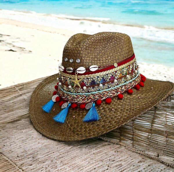 decorated hat, hats decorated in Colombia, personalized hats made from iraca palm, handmade hats with embroidery, test1234, Decorated Natural Brown Morocco Indiana Hat