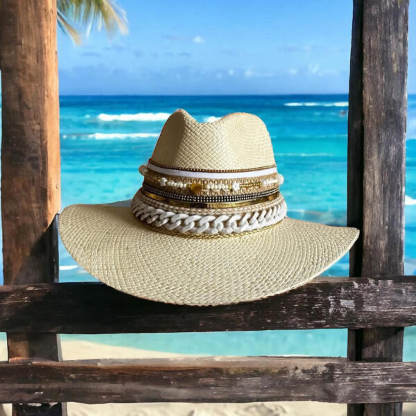 Filipina Gold decorated Indiana Hat Natural Color decorated hat, hats decorated in Colombia, personalized hats made from iraca palm, handmade hats with embroidery, test1234, Filipina Gold decorated Indiana Hat Natural Color