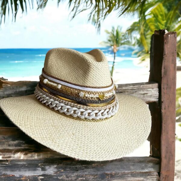 decorated hat, hats decorated in Colombia, personalized hats made from iraca palm, handmade hats with embroidery, test1234, Filipina Gold decorated Indiana Hat Natural Color