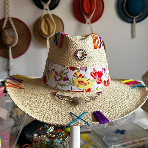 decorated hat, hats decorated in Colombia, personalized hats made from iraca palm, handmade hats with embroidery, test1234, Floral Tribe Indiana Hat