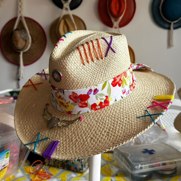 decorated hat, hats decorated in Colombia, personalized hats made from iraca palm, handmade hats with embroidery, test1234, Floral Tribe Indiana Hat