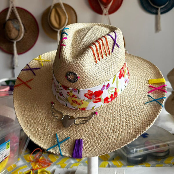 decorated hat, hats decorated in Colombia, personalized hats made from iraca palm, handmade hats with embroidery, test1234, Floral Tribe Indiana Hat