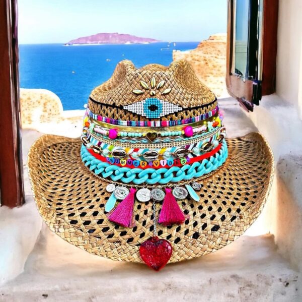 decorated hat, hats decorated in Colombia, personalized hats made from iraca palm, handmade hats with embroidery, test1234, Folky Ojito Brown Openwork Hat