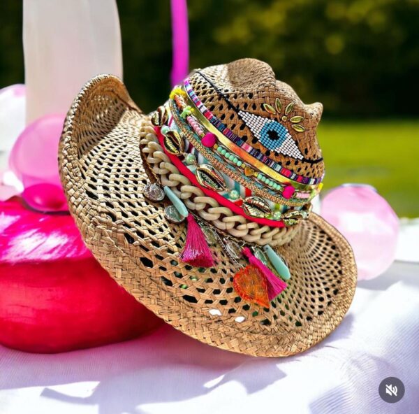 decorated hat, hats decorated in Colombia, personalized hats made from iraca palm, handmade hats with embroidery, test1234, Folky Ojito Brown Openwork Hat