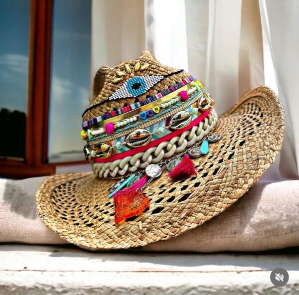 decorated hat, hats decorated in Colombia, personalized hats made from iraca palm, handmade hats with embroidery, test1234, Folky Ojito Brown Openwork Hat