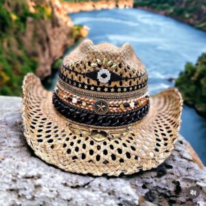 decorated hat, hats decorated in Colombia, personalized hats made from iraca palm, handmade hats with embroidery, test1234, Folky Rock Brown Openwork Hat