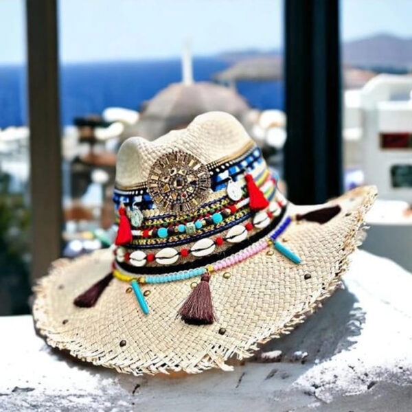 decorated hat, hats decorated in Colombia, personalized hats made from iraca palm, handmade hats with embroidery, test1234, Frayed Indiana Hat Aztec