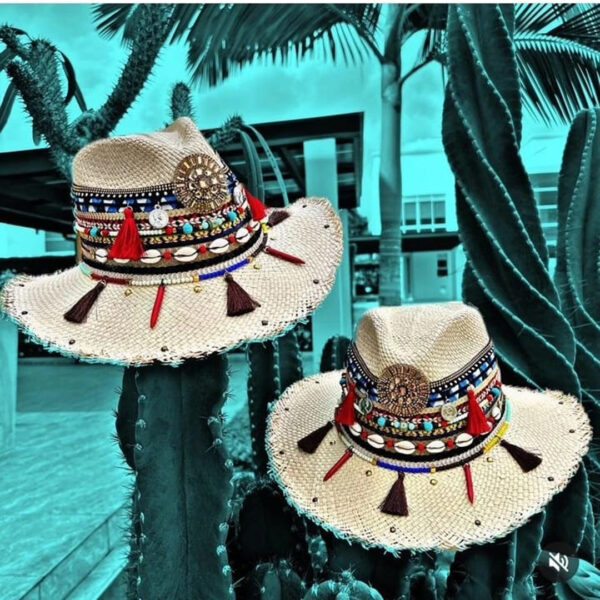 decorated hat, hats decorated in Colombia, personalized hats made from iraca palm, handmade hats with embroidery, test1234, Frayed Indiana Hat Aztec