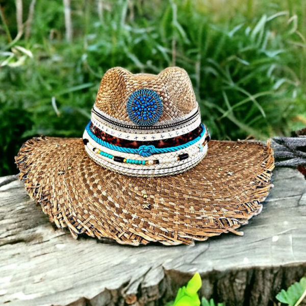 decorated hat, hats decorated in Colombia, personalized hats made from iraca palm, handmade hats with embroidery, test1234, Frayed Indiana Hat Lupita