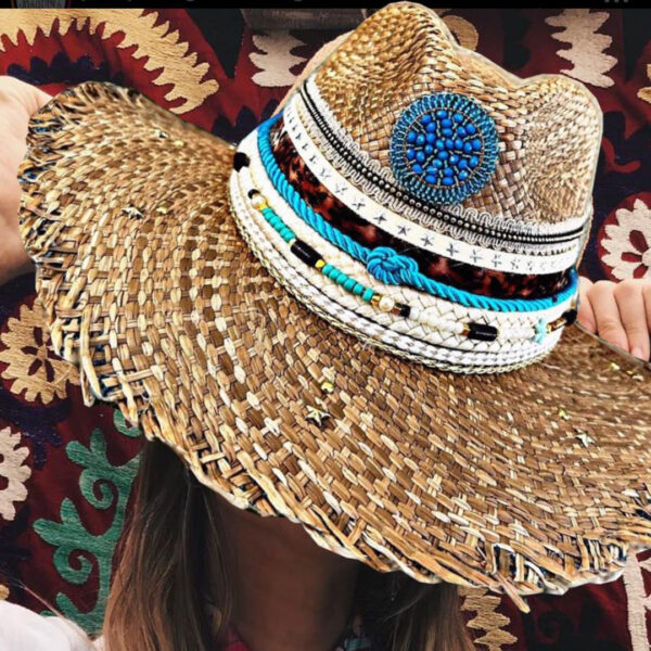decorated hat, hats decorated in Colombia, personalized hats made from iraca palm, handmade hats with embroidery, test1234, Frayed Indiana Hat Lupita