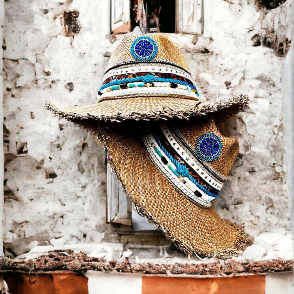 decorated hat, hats decorated in Colombia, personalized hats made from iraca palm, handmade hats with embroidery, test1234, Frayed Indiana Hat Lupita