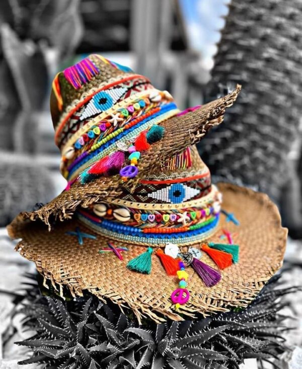 decorated hat, hats decorated in Colombia, personalized hats made from iraca palm, handmade hats with embroidery, test1234, Frayed Indiana Tribe Hat
