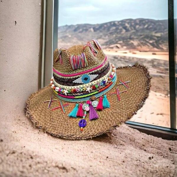 decorated hat, hats decorated in Colombia, personalized hats made from iraca palm, handmade hats with embroidery, test1234, Frayed Indiana Tribe Hat