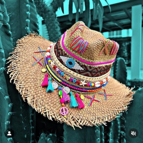 decorated hat, hats decorated in Colombia, personalized hats made from iraca palm, handmade hats with embroidery, test1234, Frayed Indiana Tribe Hat