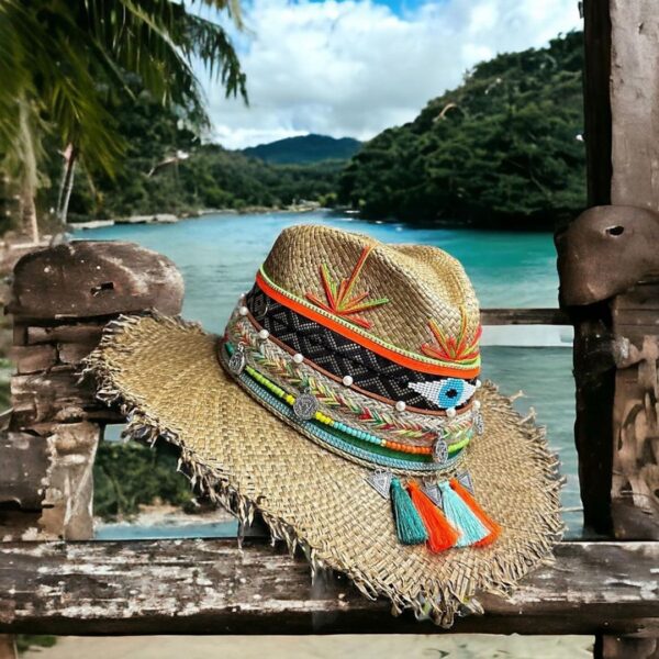 decorated hat, hats decorated in Colombia, personalized hats made from iraca palm, handmade hats with embroidery, test1234, Frayed Indiana Tribe Hat