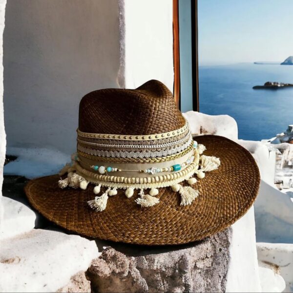 decorated hat, hats decorated in Colombia, personalized hats made from iraca palm, handmade hats with embroidery, test1234, Gypsy Brown Indiana Hat