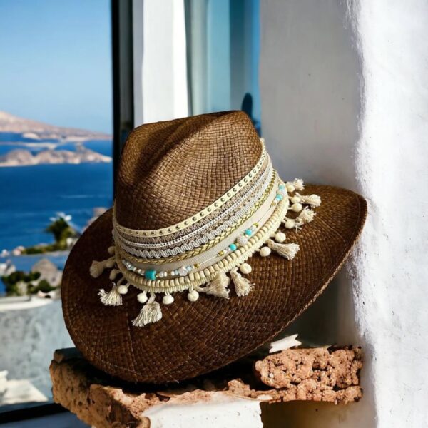 decorated hat, hats decorated in Colombia, personalized hats made from iraca palm, handmade hats with embroidery, test1234, Gypsy Brown Indiana Hat