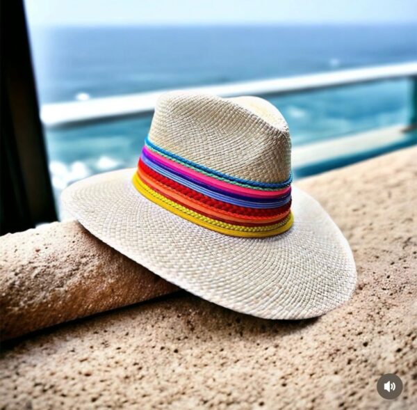 decorated hat, hats decorated in Colombia, personalized hats made from iraca palm, handmade hats with embroidery, test1234, Indiana Hat Colour Splash In Natural Color