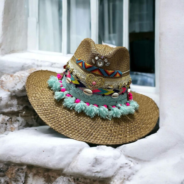 decorated hat, hats decorated in Colombia, personalized hats made from iraca palm, handmade hats with embroidery, test1234, Indiana Hat Folky Pompuoso