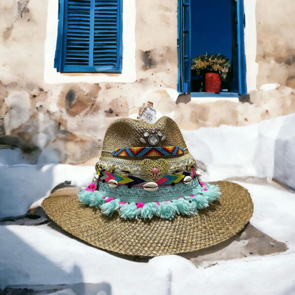 decorated hat, hats decorated in Colombia, personalized hats made from iraca palm, handmade hats with embroidery, test1234, Indiana Hat Folky Pompuoso