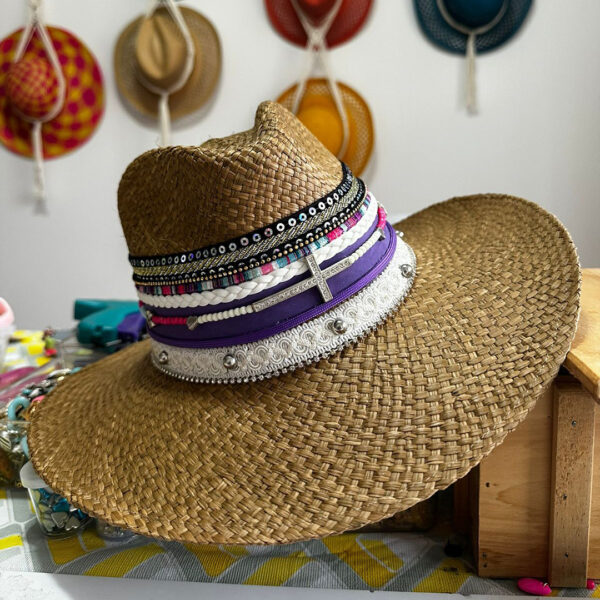 decorated hat, hats decorated in Colombia, personalized hats made from iraca palm, handmade hats with embroidery, test1234, Lavanda Brown Indiana Hat