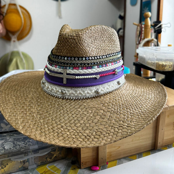 decorated hat, hats decorated in Colombia, personalized hats made from iraca palm, handmade hats with embroidery, test1234, Lavanda Brown Indiana Hat