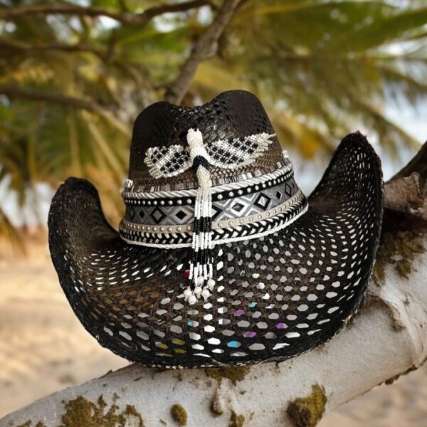 decorated hat, hats decorated in Colombia, personalized hats made from iraca palm, handmade hats with embroidery, test1234, Liberty Black Openwork Hat