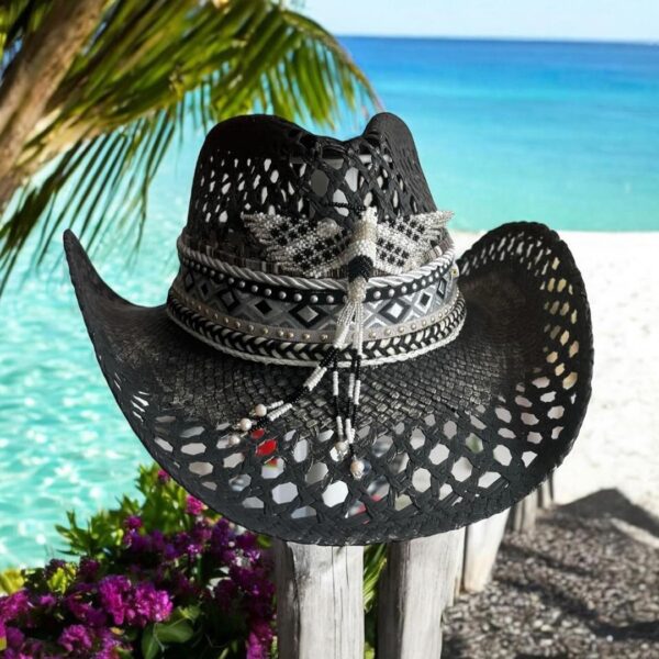 decorated hat, hats decorated in Colombia, personalized hats made from iraca palm, handmade hats with embroidery, test1234, Liberty Black Openwork Hat