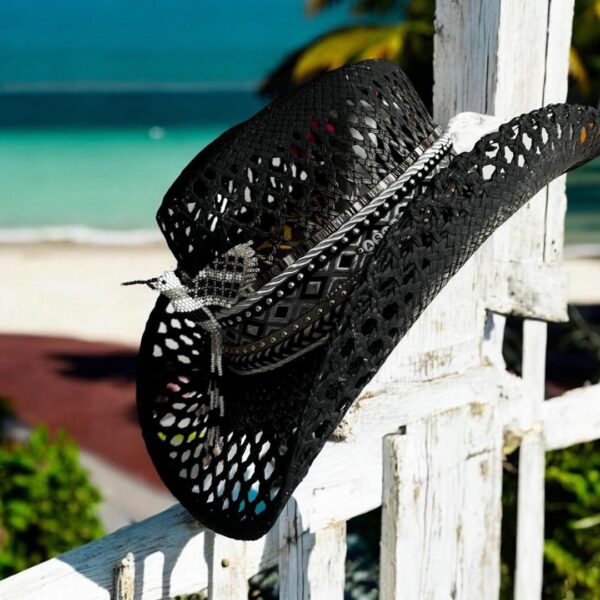 decorated hat, hats decorated in Colombia, personalized hats made from iraca palm, handmade hats with embroidery, test1234, Liberty Black Openwork Hat