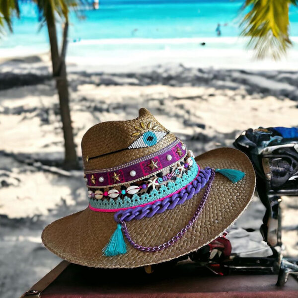 decorated hat, hats decorated in Colombia, personalized hats made from iraca palm, handmade hats with embroidery, test1234, Marrakech Brown Indiana Hat